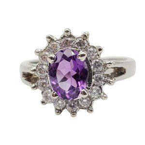 Amethyst Ring With Clear Stone Halo Size 8.5 Sterling Silver 925 Statement Ring